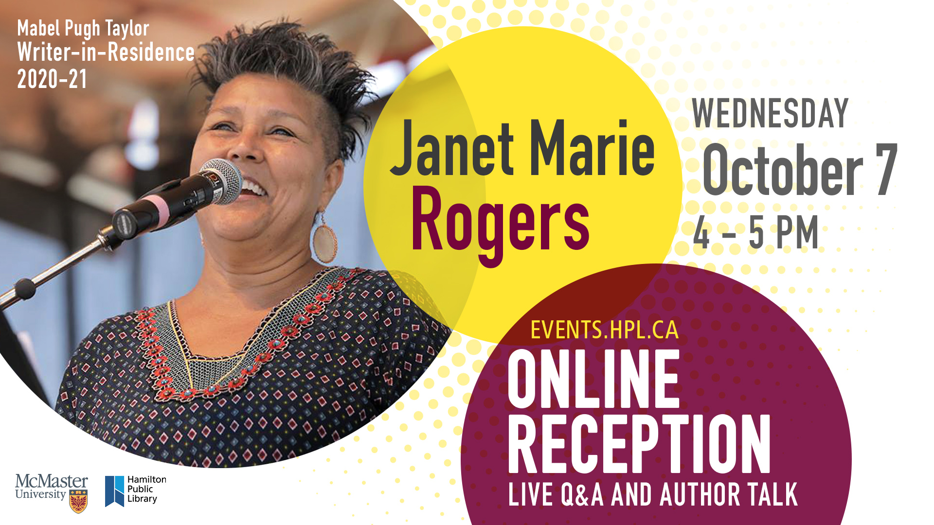 Poster promoting the Oct 7 virtual reception with Janet Rogers