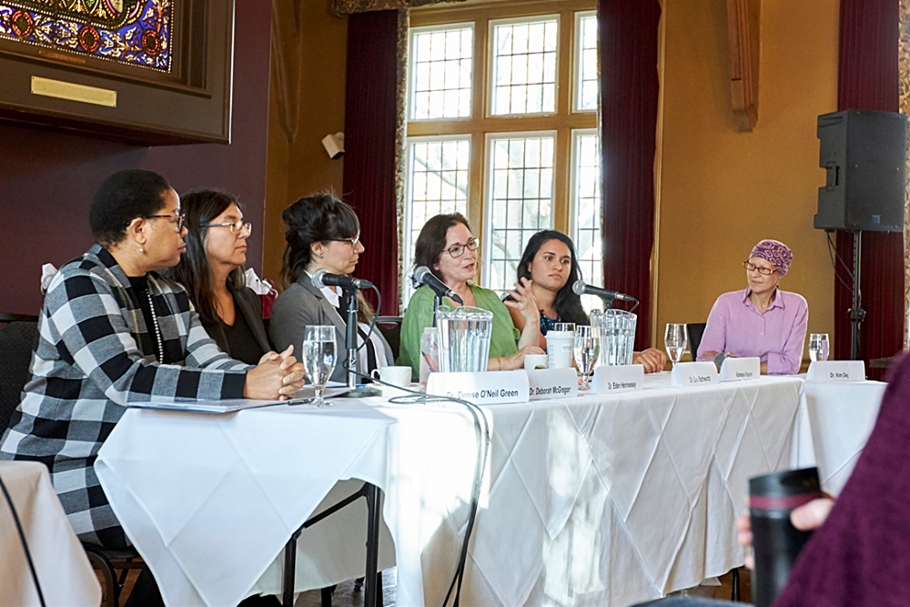 The symposium featured a panel discussion featuring (From left) Denise O’Neil Green, Vice-President, Equity and Community Inclusion (VPECI) at Ryerson University; Deborah McGregor, Osgoode Hall Law School, York University; Eden Hennessey, Manager of the S